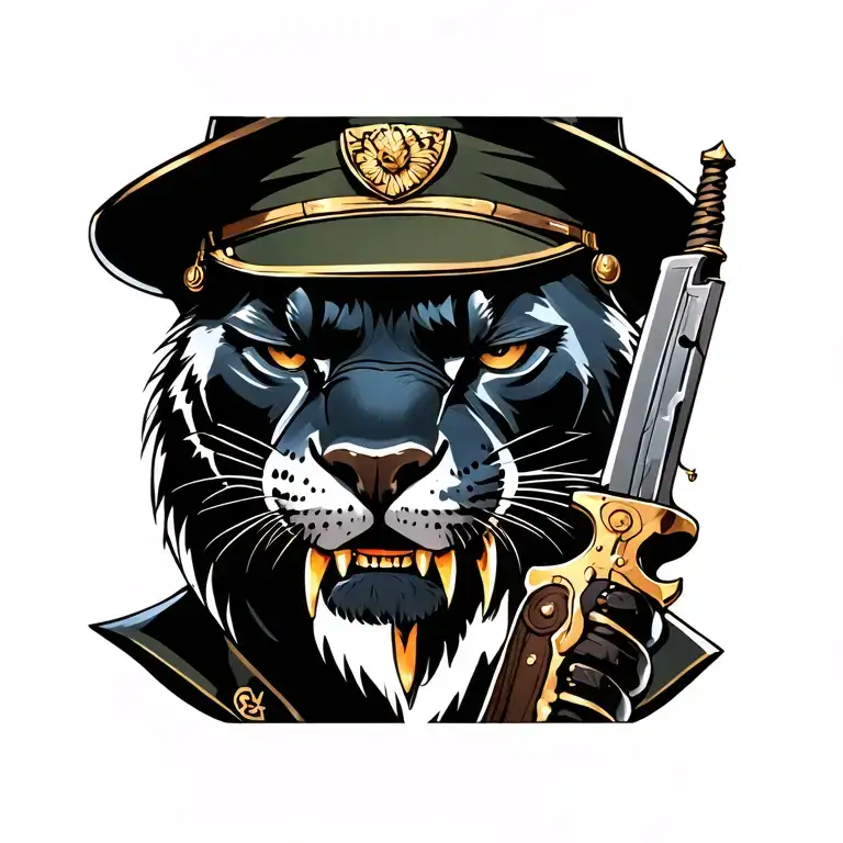 Black Panther With Military Hat Adorned With Gun And Nose Piercing And Gold Saber Teeth