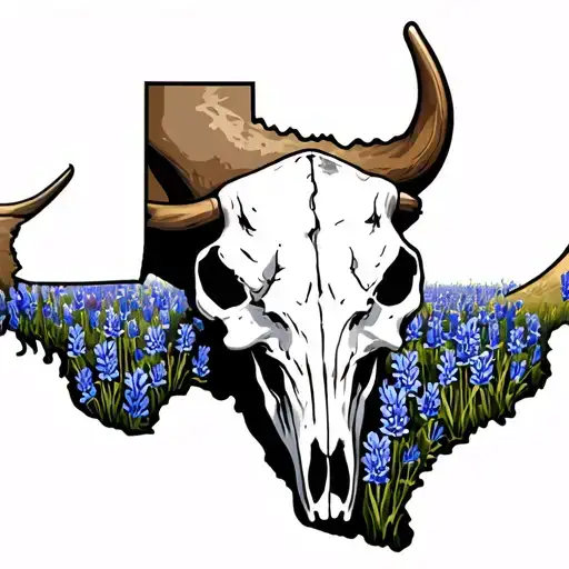 Texas Outline With Longhorn Skull In A Bluebonnet Field