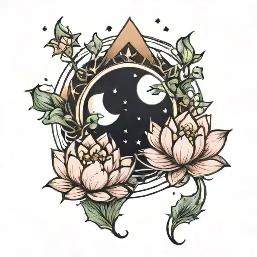Dainty Moon And Lotus Flower With Stars