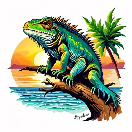 Iguana On Branch Sunset Beach Sunset