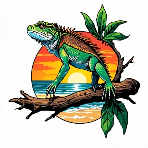 Iguana On Branch Sunset Beach Sunset