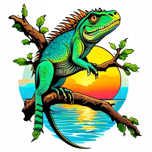 Iguana On Branch Sunset Beach Sunset