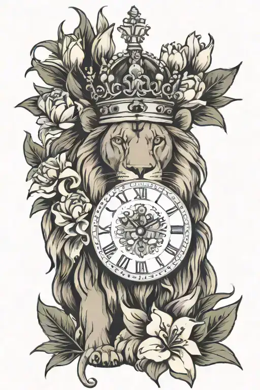 Lion Wearing A Crown With A Roman Numeral Clock Surrounded By Lily Flowers