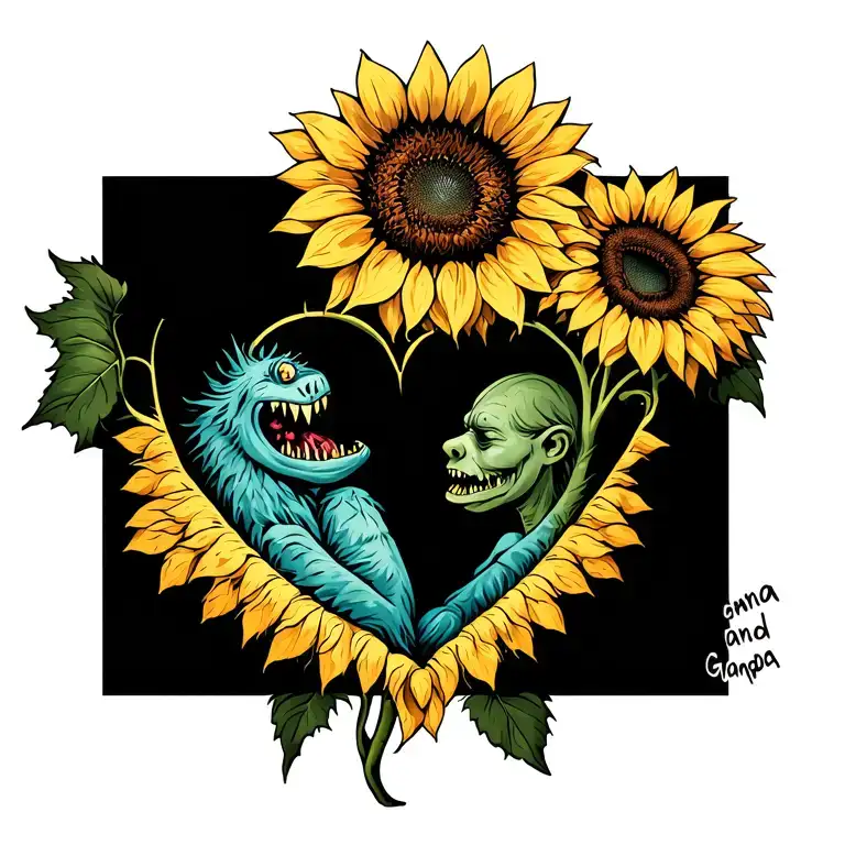 A Sunflower With A Monster Laying In It With The Words Grandma And Grandpa Make A Heart