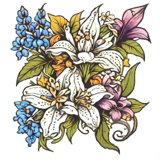 Lupine Flower And Lily Flower Intertwined