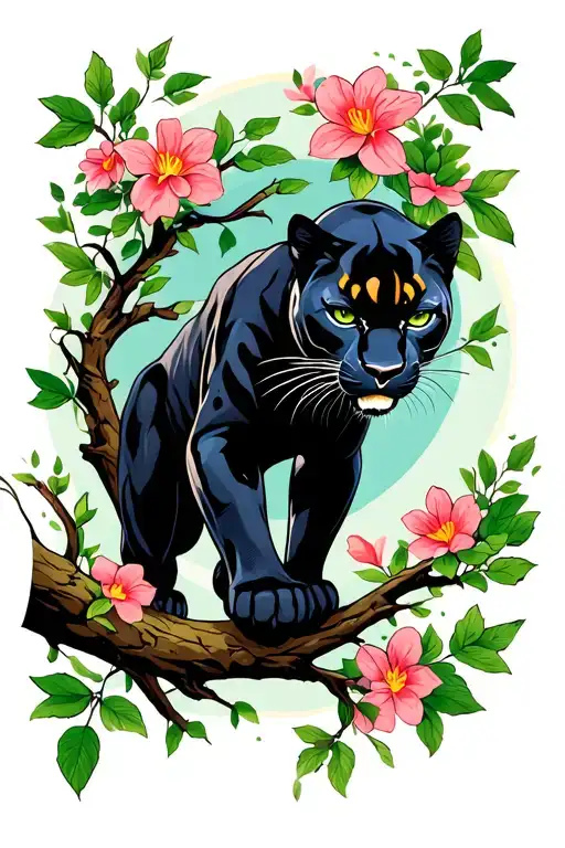 Black Panther Walking Forward On Tree Branch Surrounded By Flowers And Vines