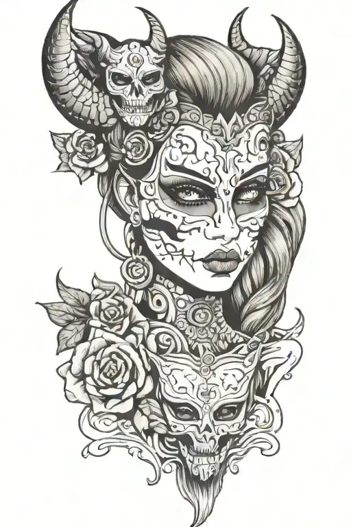 Woman With A Pretty Front Face And Half A She-devil Mask