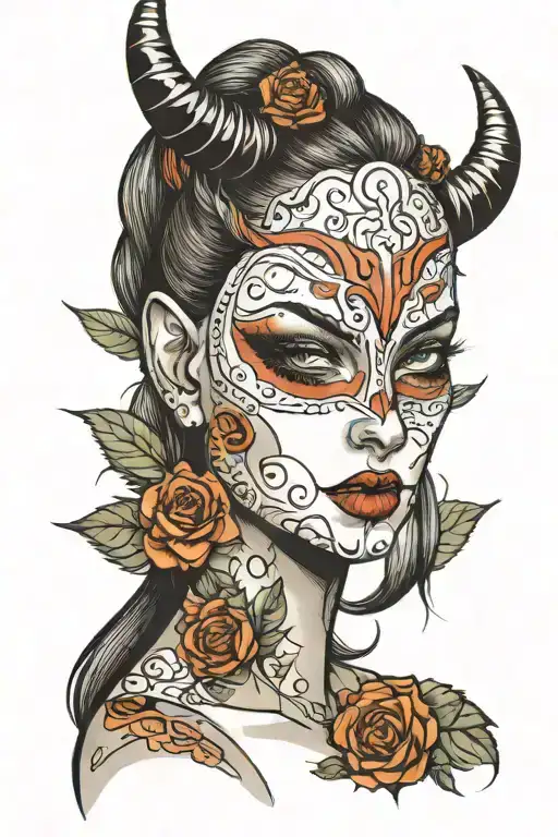 Woman With A Pretty Natural Front Face And Half A She-devil Mask