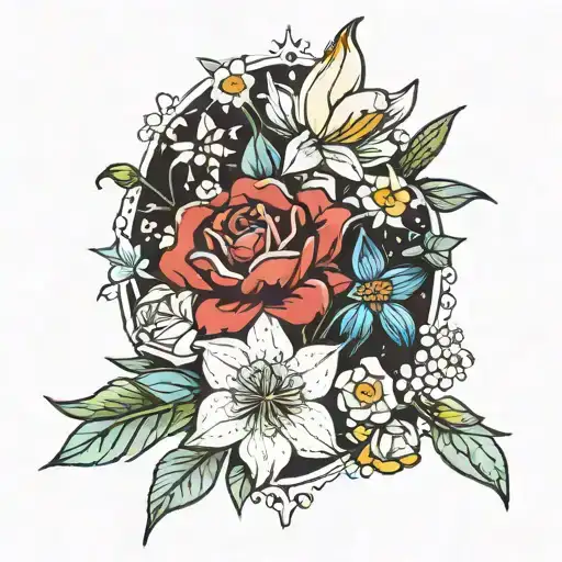 Rose Cosmo Larkspur Snowdrop Daffodil Daisy Iris Bouquet