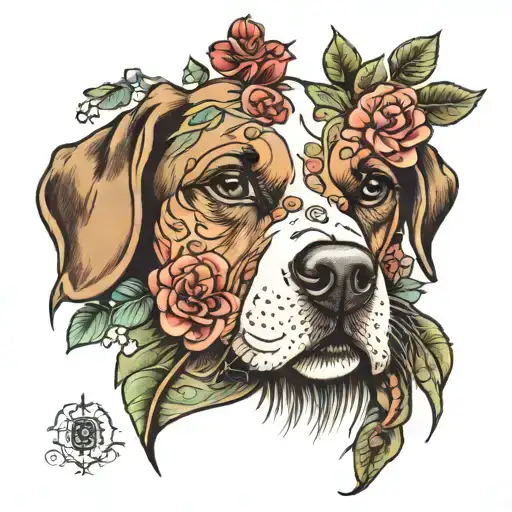 Dog Portrait Tattoo With Flower Vine Wrapping