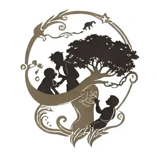 Parents Siloette With Two Children Golding Hands Holding