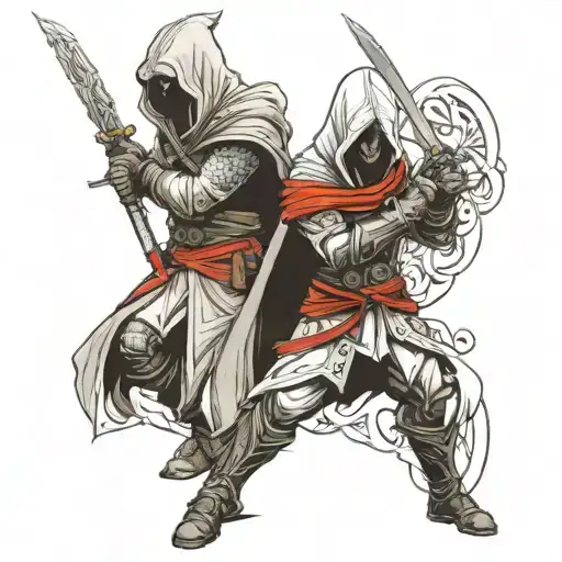 Assasins Creed Hooded Warrior With Sword Standing With 2 Girls