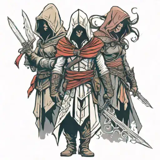 Assasins Creed Hooded Warrior With Sword Standing With 2 Hooded Warrior Girls