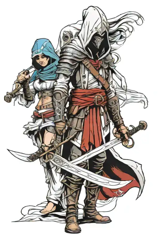 Assasins Creed Hooded Warrior With Sword Standing With 2 Hooded Warrior Girls