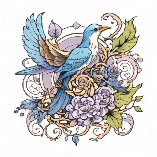 Lilac And Baby Blue Vortex With Multiple Leafy Branches And Birds Coming Out Of The Center