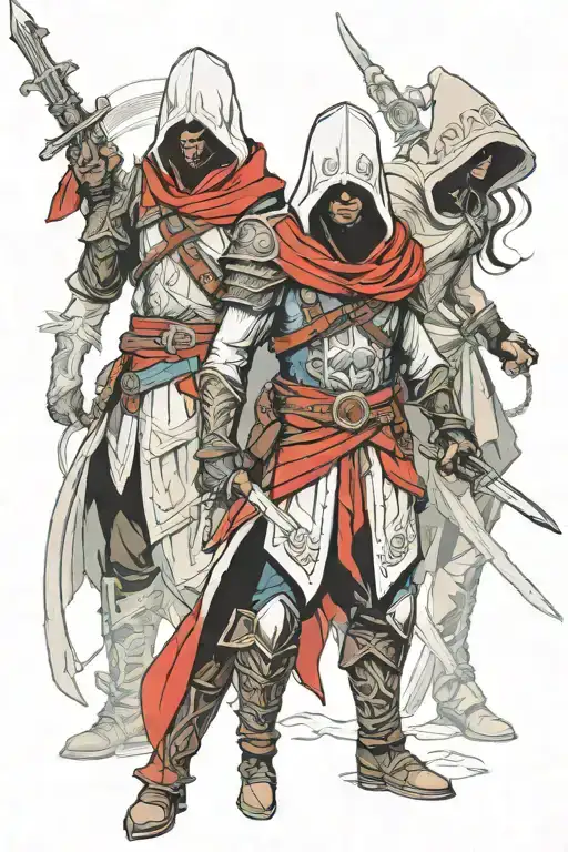 Assasins Creed Hooded Warrior With Sword Standing With 2 Hooded Warrior Girls