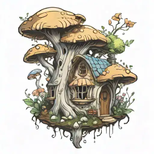 Mushroom Tree Trunk House With Fairies