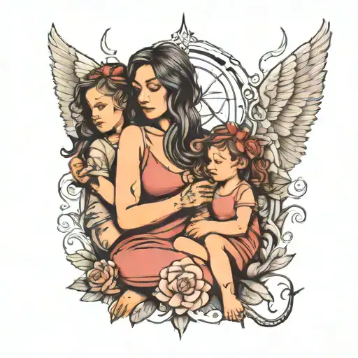 Mother With Two Girls Sitting Side By Side