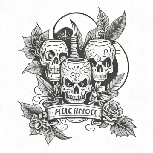 Black And White Tattoo In Minimalist Style On The Theme Of An Alcohol Party Of Three Friends