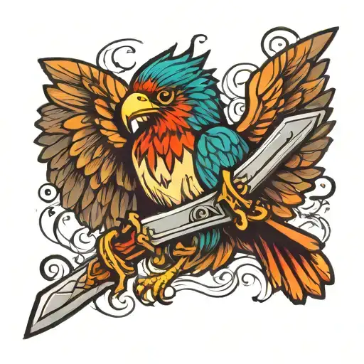 Bird Spreading Out Wings And Holding A Sword