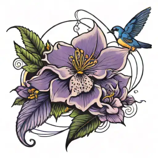 Violet With Laping String And Birds In The Background