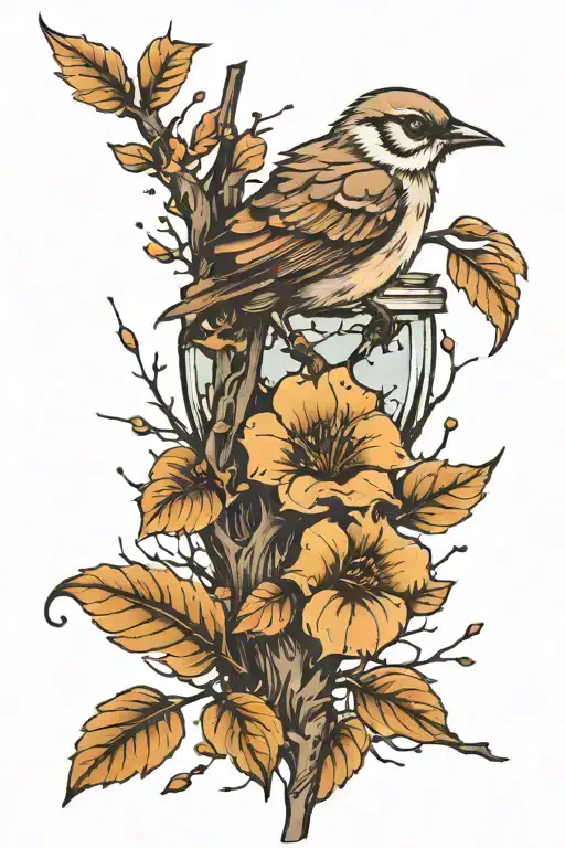 One Limb With A Couple Twigs And Some Withered And Fresh Leaves And One Tiny Bird