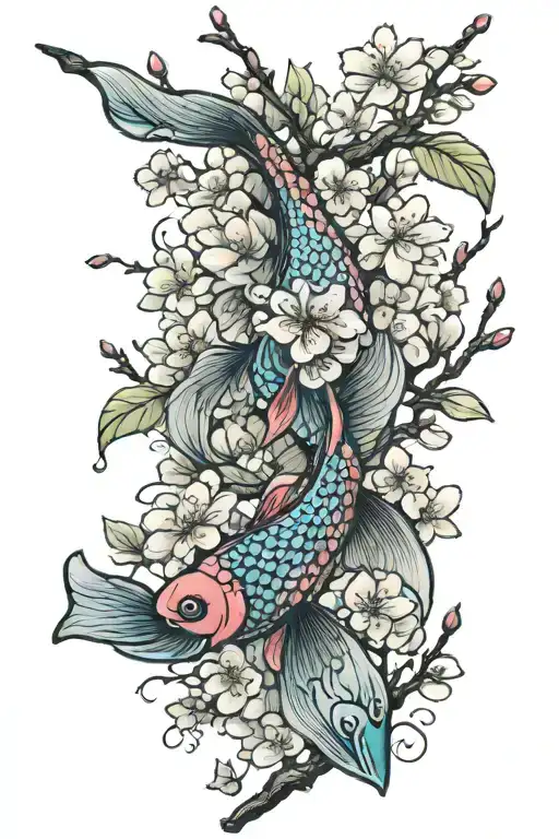 Cherry Blossom Branch With Koy Fish