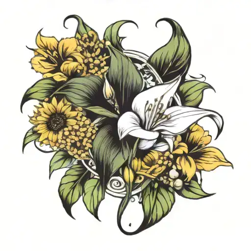 Calla Lily Lily Of The Valley And A Sunflower Intertwined