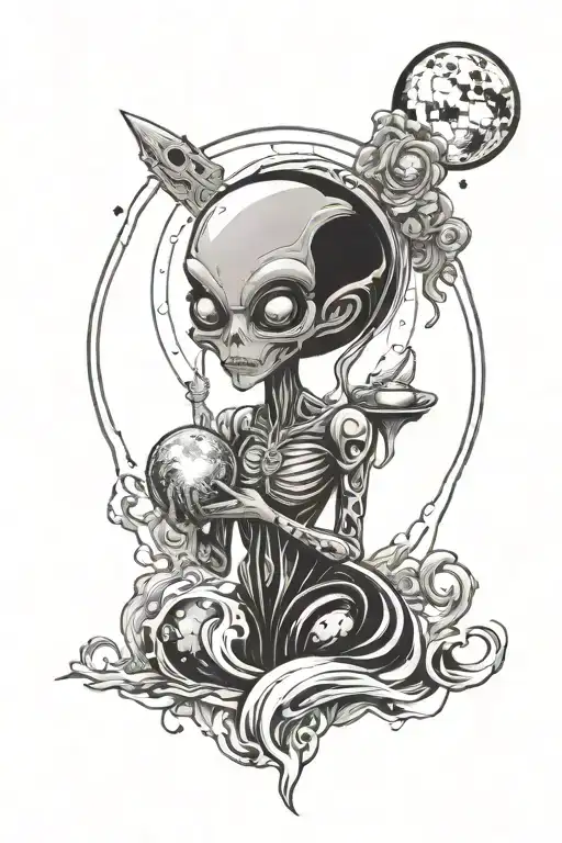 Feminine Alien Holding A Crystal Ball Planet Space Background