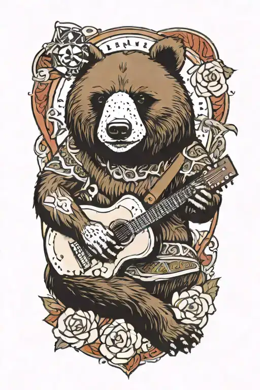 A Bear Playing A Guitar With A Turtle Shell Design And A Compass In The Background