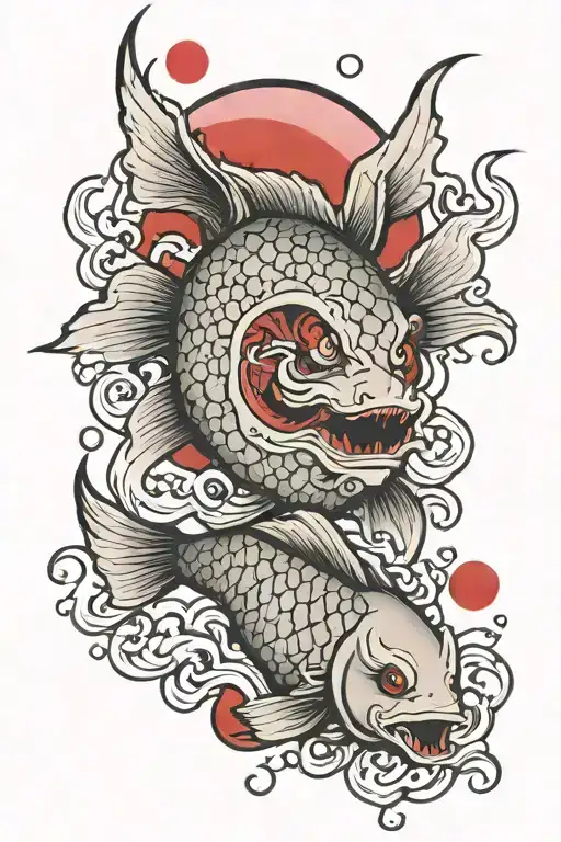 Japanese Fish With Red Moon And Demon Half Angel
