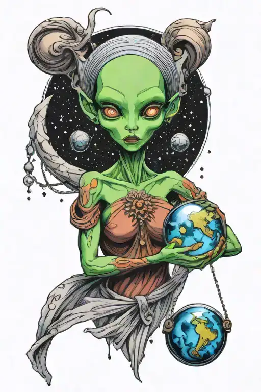 Feminine Alien Holding A Crystal Ball Planet Space Background