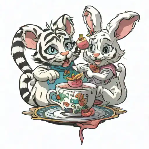 Cartoon White Tiger And White Bunny From Secret Life Of Pets Having A Tea Party