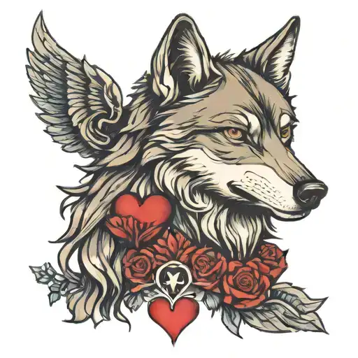Wolf And Heart Related Tattoo Design Featuring