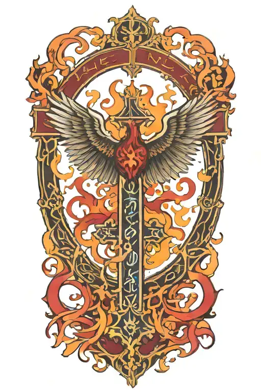 Phoenix Rising From Flames And A Large Cross And Words Dona Nobis Pacem In Gothic Letters