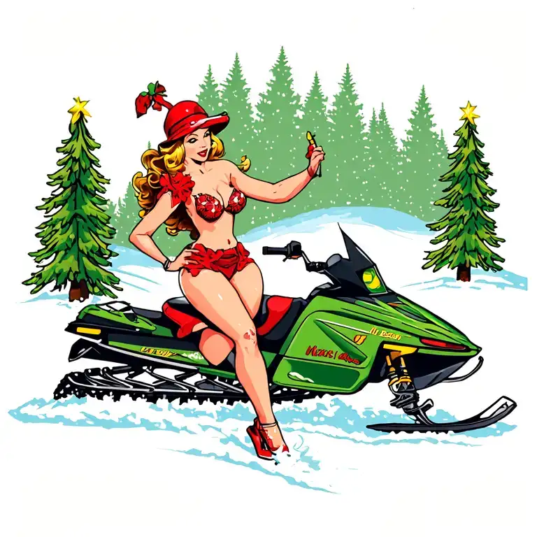 Pinup Wife Pine Tree Riding Snowmobile