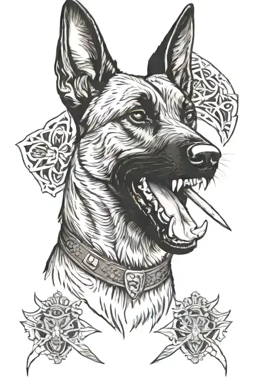 Belgian Malinois Head With Dagger In Mouth