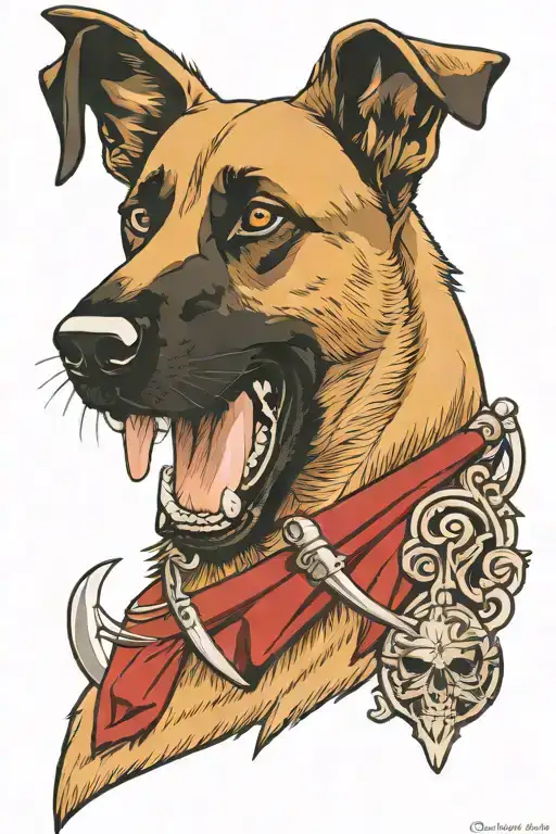 Belgian Malinois Head With Dagger In Mouth Biting Down