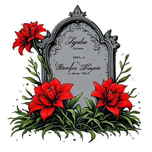 Red Lycoris Around A Tombstone With The Date Of Death