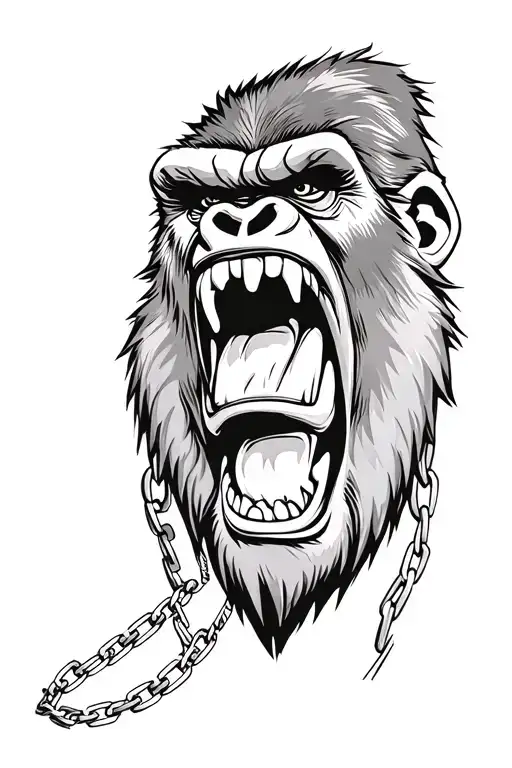 Tough Gorilla Aggressive Face With Mouth Open Teeth Showing Wearing A Metal Chain