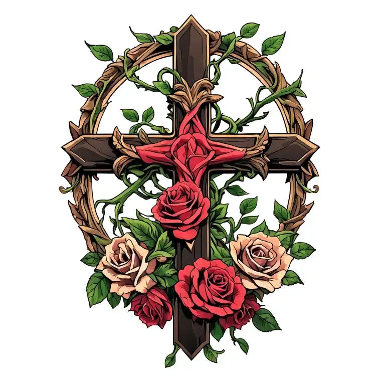 Cross With Roses Intertwined Vines Wrapped