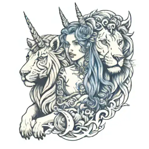 Woman With Blue Eyes And Unicorn With Lion Standing