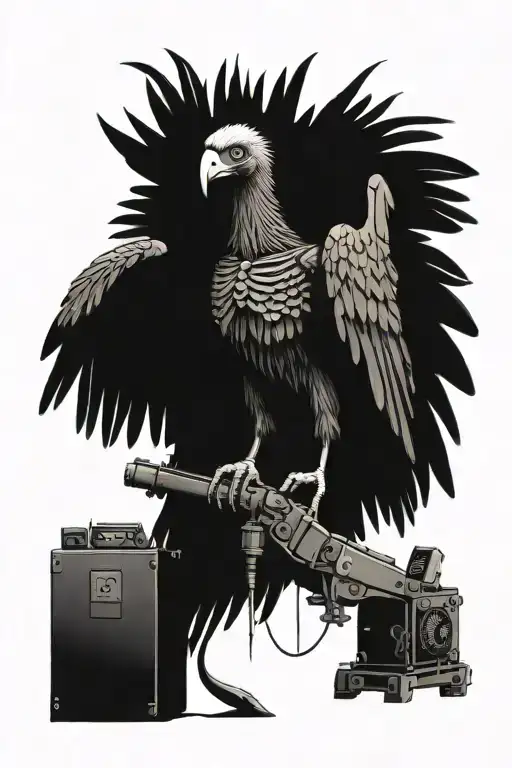 Vulture With Mechanical Wings Perched On Top Of A Pile Of Broken 3D Printers