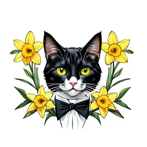 Tuxedo Cat With Daffodils