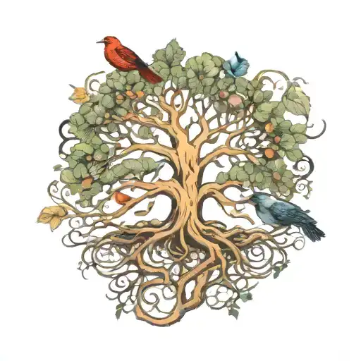 Tree Of Life With Roots With A Woman's Body As The Trunk And 3 Birds Playing In The Branches
