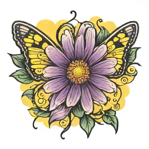 Purple Daisy With Yellow Butterfly