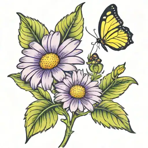 Purple Daisy On A Stem With Yellow Butterfly