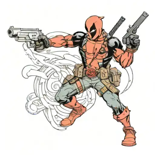 Deadpool Pointing A Gun Through His Legs Wearing Crocs