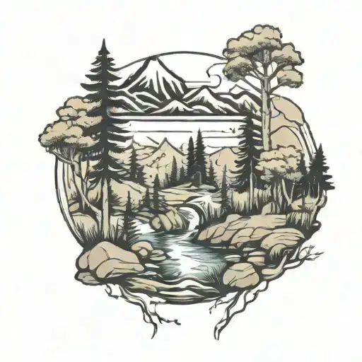 Forest Landscape With A Small River And Mountains