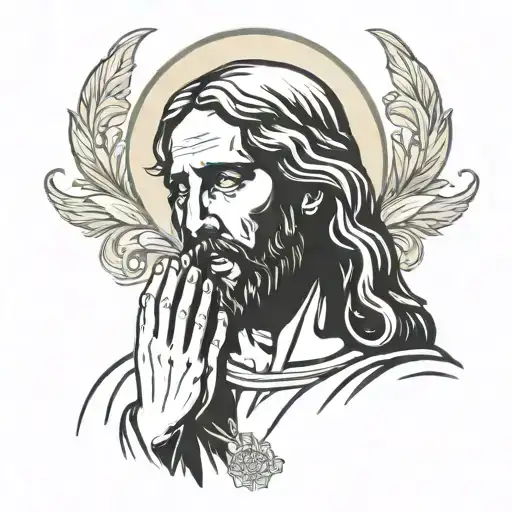 Face Of Jesus With Hands In Prayer Looking To The Left